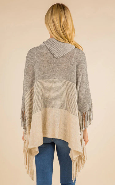 Poncho-IVORY Striped T-Neck W/ Sleeves, Buttons and Fringe