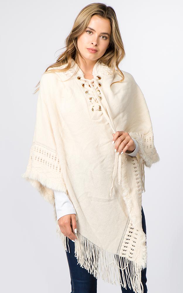 Poncho-IVORY Hooded Solid Poncho w/Lace Up Design