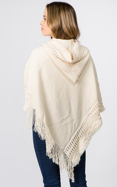 Poncho-IVORY Hooded Solid Poncho w/Lace Up Design