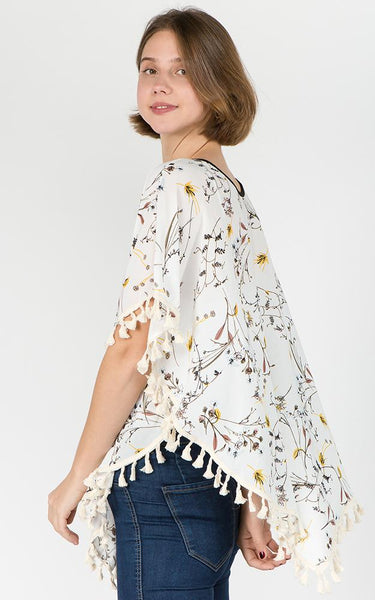 Poncho-IVORY Floral with Tassels