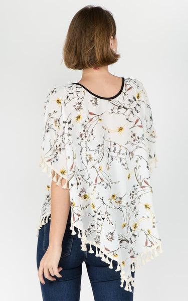 Poncho-IVORY Floral with Tassels