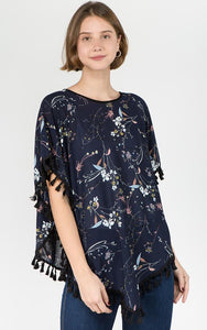 Poncho-NAVY Floral with Tassels